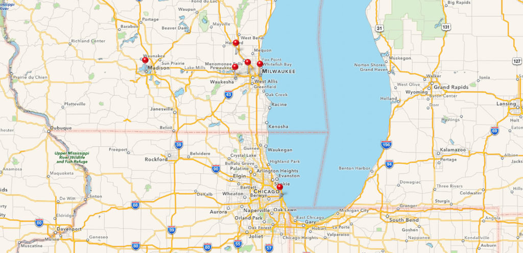 Karte unserer Tour durch Wisconsin und nach Chicago